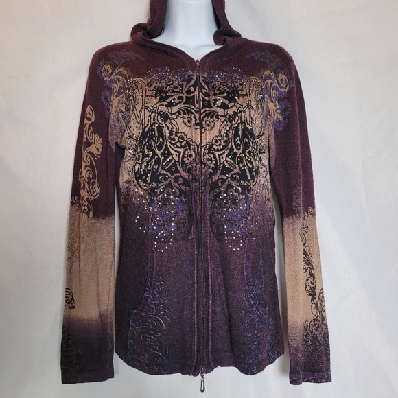 ONE WORLD Tops - Y2K Vintage One World Rhinestone Full Zip Hoodie Gothic Grunge Size Medium